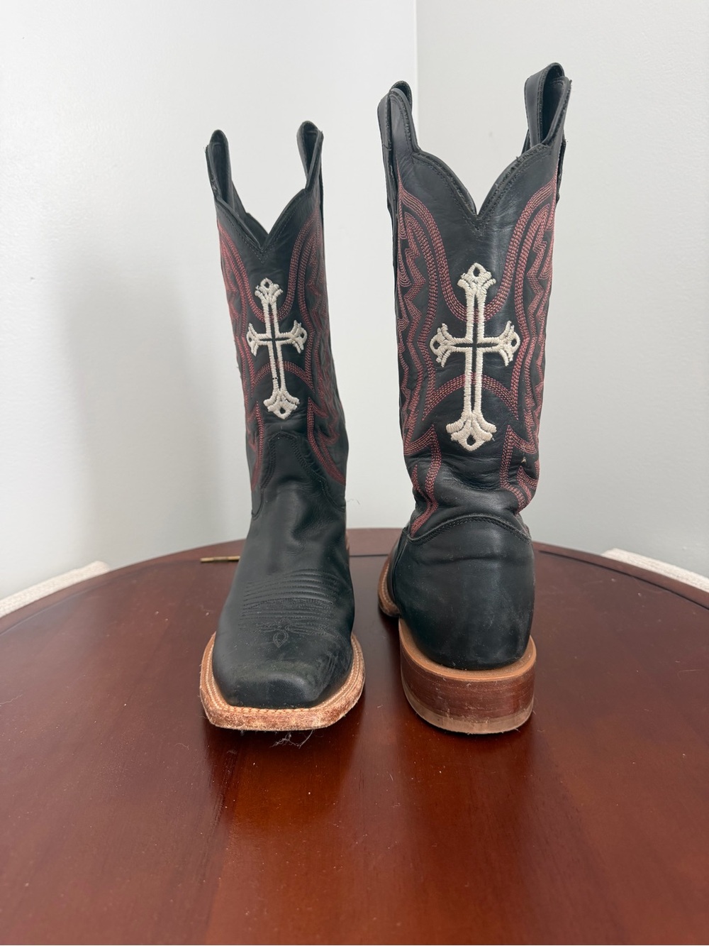 Justin Boots Black Leather Western Boots with Red Stitching and Ivory Cross